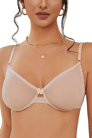 Women's Sexy Sheer Balconette Bra Mesh Unlined Underwire Bras Demi Plunge See Through Unpadded Lace Everyday Bralette