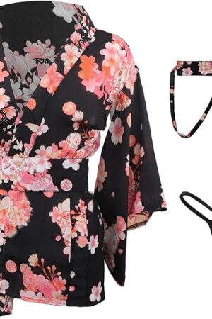 Womens Japanese Kimono Lingerie Set 3 Pcs Floral Lace Robe Bandeau Top Thong Sexy Sleepwear Pajamas Nightwear