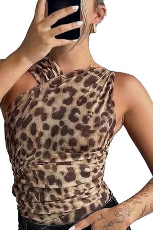 Women's Sleeveless Leopard Ruched Mesh Bodysuit Top Sexy Night Club Wear Going Out Streetwear