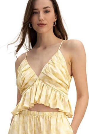 100% Silk Camisole for Women 19MM Printed Charmeuse Silk Pleated Top with V Neck V Back Sexy Cool for Summer