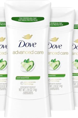 Dove Advanced Care Antiperspirant Deodorant Stick Cool Essentials 4 ct for helping your skin barrier repair after shaving 72 hour odor control and sweat protection with Pro Ceramide Technology 26 oz