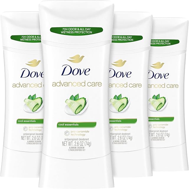 Dove Advanced Care Antiperspirant Deodorant Stick Cool Essentials 4 ct for helping your skin barrier repair after shaving 72 hour odor control and sweat protection with Pro Ceramide Technology 26 oz