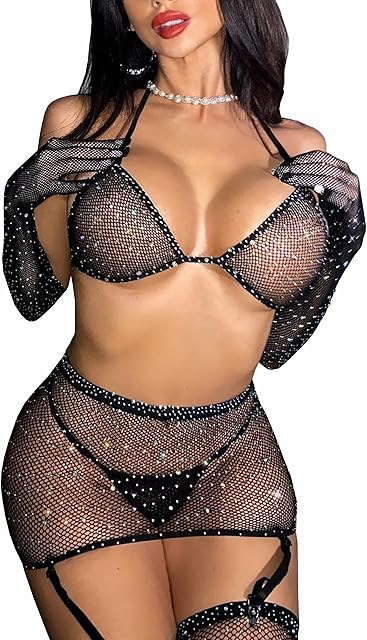 Women Mesh Lingerie Set Fishnet Two Piece Babydoll See Through Shirts Long Sleeve
