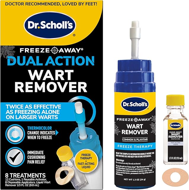 Dr Scholl's Dual Action Freeze Away Wart Remover, 8 ct ? Twice as Effective as Freezing Alone on Larger Warts, Fast-Acting Treatment for Common and Plantar Wart Removal, Safe to Use on Kids Ages 4+