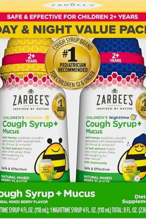 Zarbee's Children's Honey Cough Syrup + Mucus Day & Night Value Pack, Daytime & Nighttime Toddler Cough Syrup with Dark Honey & Ivy Leaf Extract, Mixed Berry Flavor, Two Pack, 2 x 4 fl Oz