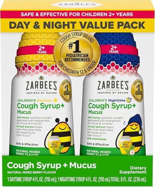 Zarbee's Children's Honey Cough Syrup + Mucus Day & Night Value Pack, Daytime & Nighttime Toddler Cough Syrup with Dark Honey & Ivy Leaf Extract, Mixed Berry Flavor, Two Pack, 2 x 4 fl Oz