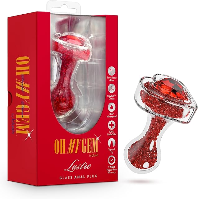 Blush Oh My Gem Lustre 3.25" Glass Butt Plug - Tapered Tip, StayPut Design - Ruby Gem Heart Base, Body-Safe Borosilicate Glass, Beginner Jewel Anal Plug Sex Toy for Women, Men & Couples - (Red)