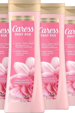 Caress Body Wash for Women, Daily Silk White Peach & Orange Blossom, Shower Gel Body Wash Moisturizing for Noticeably Silky, Soft Skin, 20 fl oz, 4 Pack