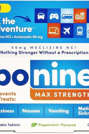 Bonine MAX Chewable for Motion Sickness Relief - with Meclizine HCL 50mg - Max Strength Formula to Treat Nausea or Motion Sickness - Cruise Essentials - Peppermint - 16 Chewable Tablets