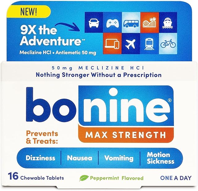 Bonine MAX Chewable for Motion Sickness Relief - with Meclizine HCL 50mg - Max Strength Formula to Treat Nausea or Motion Sickness - Cruise Essentials - Peppermint - 16 Chewable Tablets