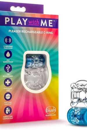 Blush Play with Me Pleaser 2.25" Vibrating Cock Ring for Couples - 5 Vibe Modes, Soft Clitoral Stimulator, Stretchy & Comfy Fit Penis Ring for Extended Climax Play - Adult Sex Toy for Men - (Blue)