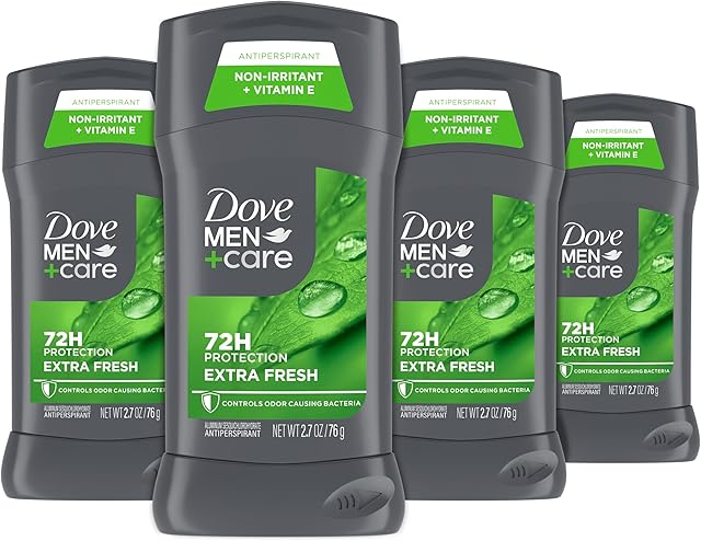 Dove Men+Care Antiperspirant Deodorant Stick for Men 4 Count Extra Fresh with 72-hour Sweat & Odor Protection with 1/4 Moisturizing Cream & Long-lasting Citrus scent 27 oz