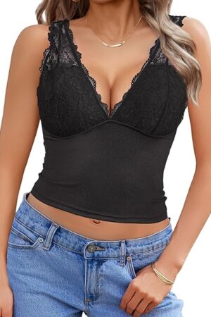 Lace Tank Top for Women Summer Deep V Neck Y2K Crop Top Sexy Slim Fit Going Out Tops
