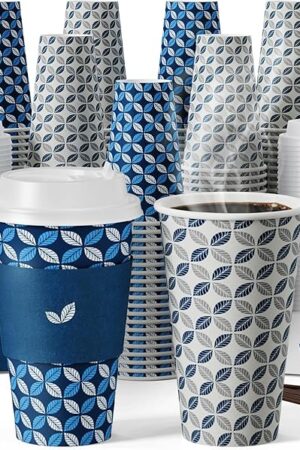 JOLLY CHEF 16 oz Coffee Cups with Lids 100 Pack, Disposable Hot Paper Coffee Cups with Lids, Sleeves and Stirrers (Blue Leaf and Grey Leaf)