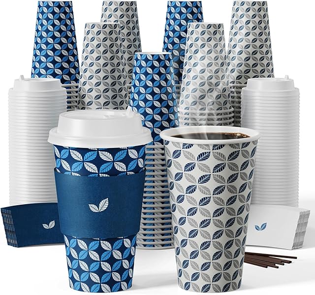 JOLLY CHEF 16 oz Coffee Cups with Lids 100 Pack, Disposable Hot Paper Coffee Cups with Lids, Sleeves and Stirrers (Blue Leaf and Grey Leaf)