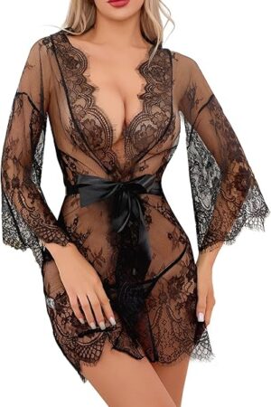 Women's Lace Kimono Robe Mesh Nightgown Babydoll Chemise Lingerie Cover Up Sheer Robe with Belt
