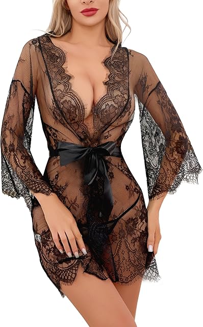 Women's Lace Kimono Robe Mesh Nightgown Babydoll Chemise Lingerie Cover Up Sheer Robe with Belt