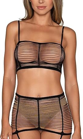 Women's Seamless Bandeau Bralette & Garter Skirt Set with Thigh High Stockings Black