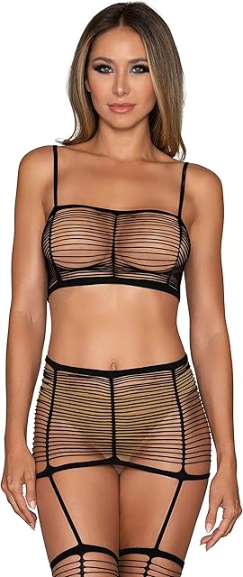 Women's Seamless Bandeau Bralette & Garter Skirt Set with Thigh High Stockings Black
