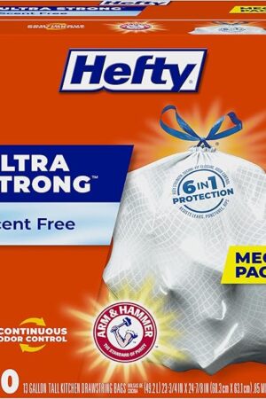 Hefty Ultra Strong 13 Gallon Trash Bags, Tall Kitchen Trash Bags 13 Gallon Size, Drawstring Closure, Continuous Odor Control, White, Unscented, 80 Bags