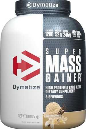 Dymatize Super Mass Gainer Protein Powder, Gourmet Vanilla, 52g Protein, 1g Creatine, 1280 Calories, 107g BCAAs, 245g Carbs, Contains Whey Protein Powder, Isolate, and Casein (8 Servings)