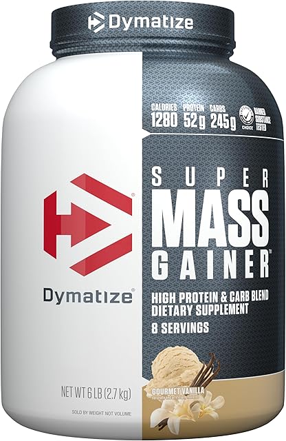 Dymatize Super Mass Gainer Protein Powder, Gourmet Vanilla, 52g Protein, 1g Creatine, 1280 Calories, 107g BCAAs, 245g Carbs, Contains Whey Protein Powder, Isolate, and Casein (8 Servings)