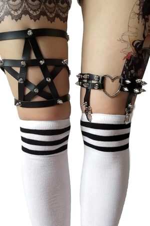 Women Girl Sexy Garters Punk Rock Rivet Pentagram Leather Ring Garters Sets