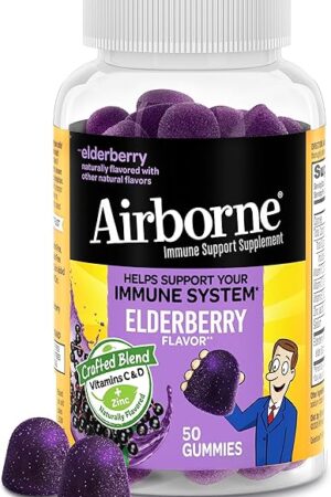 Airborne Elderberry + Zinc & Vitamin C Gummies For Adults, Immune Support Vitamin D & Zinc Gummies With Powerful Antioxidant Vitamins C D & E - 50 Gummies, Elderberry Flavor