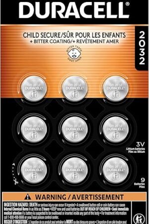Duracell 2032 Lithium Battery, 9 Count (Pack of 1), Child Safety Features, Compatible with Key Fob, Tea Light Candles and Other Devices, CR2032 Battery