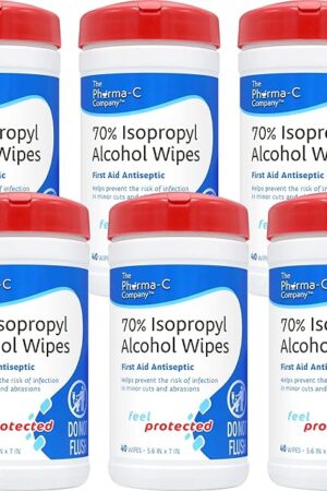The Pharma-C Company -70% Isopropyl Alcohol Wipes [6 pack - 40ct Canisters] - Bulk IPA First Aid Antiseptic Wound Cleaner with Moisture Lock Lid. For minor cuts, scrapes, and burns.