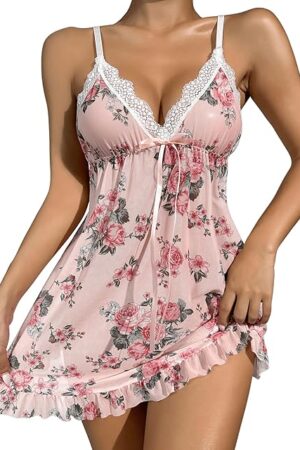 Women's Sleepwear Sexy Babydoll Chemise Nightgown Lace Trim Floral Lingerie Dress