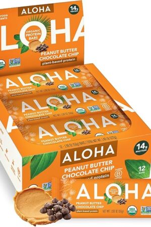 ALOHA Organic Plant Based Protein Bars |Peanut Butter Chocolate Chip | 198 Oz (Pack of 12) | Vegan, Low Sugar, Gluten Free, Paleo, Low Carb, Non-GMO, Stevia Free, Soy Free, No Sugar Alcohols
