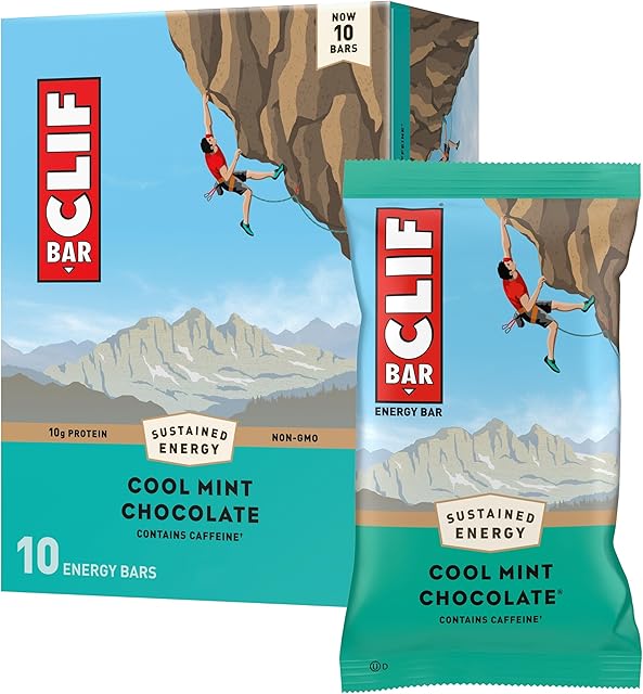CLIF BAR - Cool Mint Chocolate with Caffeine - Made with Organic Oats - Energy Bars - Non-GMO - Plant Based Protein Bars (10 Pack)