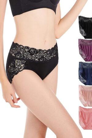 Womens Plus Size Underwear, Ladies Sexy Lace High Waisted Panties, Soft Full Breathable Briefs For Women 5-Pack