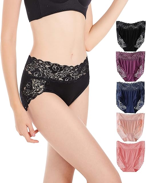 Womens Plus Size Underwear, Ladies Sexy Lace High Waisted Panties, Soft Full Breathable Briefs For Women 5-Pack