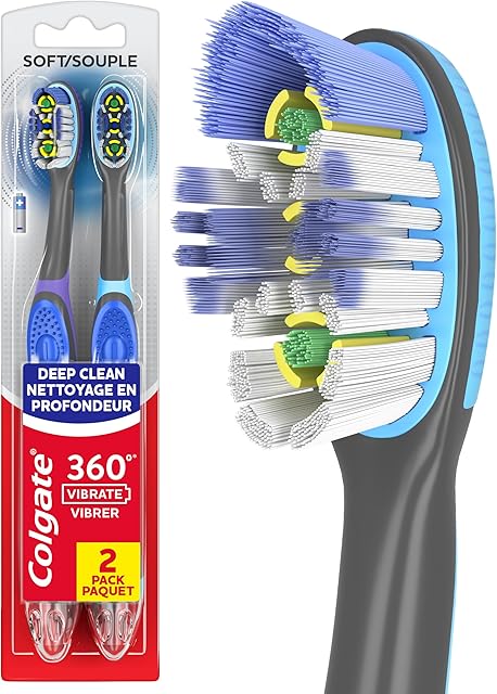 Colgate 360 Vibrate Deep Clean Battery Operated Toothbrush Pack, Disposable Electric Toothbrush with 1 AAA Battery Included, Whole Mouth Clean, 2 Pack