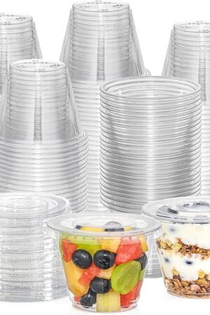 AOZITA [50 Sets, 9 oz Clear Plastic Cups With Flat Lids No Hole, Disposable Cups With Lids for Ice Cream, Pudding, Cake, Snacks Smoothie, Milkshake, Cold Drinks