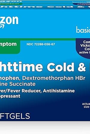 Amazon Basic Care Nighttime Cold and Flu Relief Softgels, 6 Hour Cold Medicine, Relieves Major Flu Symptoms So You Can Rest, 48 Count (Pack of 1)