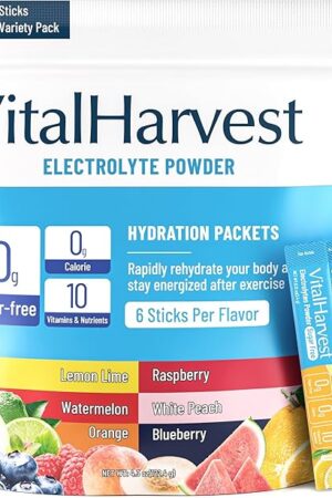 VitalHarvest 36 Sticks Electrolytes Powder Packets 6 Flavors Sugar Free Hydration Packets Electrolyte Liquid Daily IV Drink Mix with Lemon Lime, Watermelon, Orange, Raspberry, White Peach, Blueberry