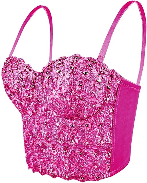 Women's Lace Rhinestone Bustier Corset Crop Cami Tops Sexy Mesh Push Up Bralette Wedding Party Crop Top Bra Vest