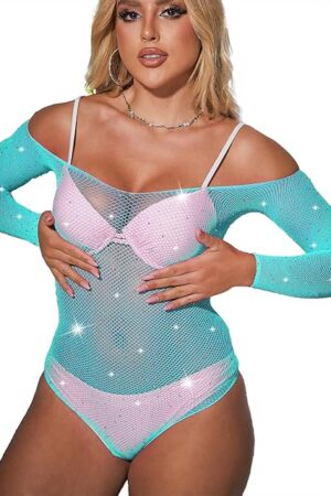 Women's Sexy Lingerie Sparkle Fishnet Teddy One Piece Babydoll Lingeries Rhinestone Mesh Bodysuit Tops