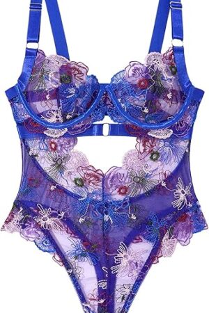 Women Lingerie Sexy Floral Lace Bodysuit Deep V Strappy Mesh Corset One Piece S-XL