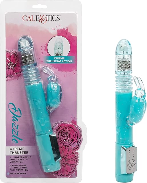 CalExotics Dazzle Xtreme Thruster ? Thrusting 12 Function Rabbit Vibrator - Waterproof Vibe Sex Toys for Couples ? Luxury Adult Hands Free G Spot Massager - Blue