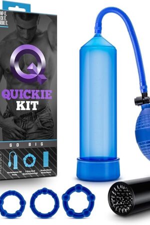 Blush Go Big 9.5" Quickie Kit - Penis Pump with Soft Stroker Sleeve & 3 Cock Rings - Suction Ball Pump to Gain Cock Size, Performance & Pleasure - Masturbator Kit Adult Sex Toy for Men - (Blue)