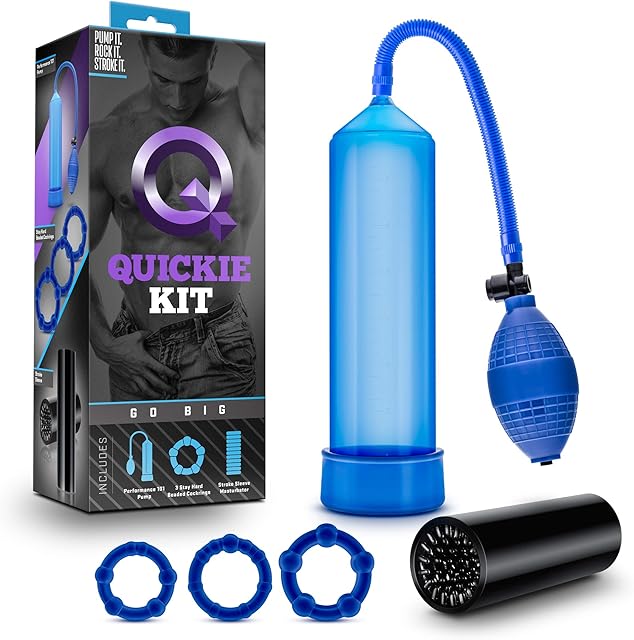 Blush Go Big 9.5" Quickie Kit - Penis Pump with Soft Stroker Sleeve & 3 Cock Rings - Suction Ball Pump to Gain Cock Size, Performance & Pleasure - Masturbator Kit Adult Sex Toy for Men - (Blue)