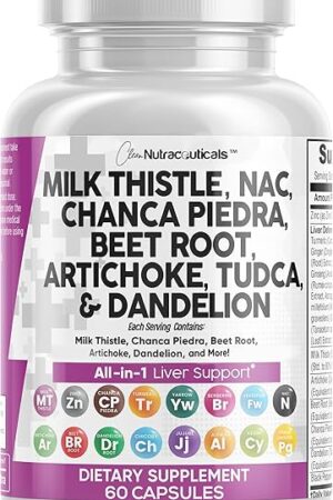 Clean Nutraceuticals Milk Thistle NAC Chanca Piedra Beet Root Artichoke Dandelion Root - Liver Cleanse Detox & Repair Supplement Plus TUDCA Choline & Ginger 60 Count