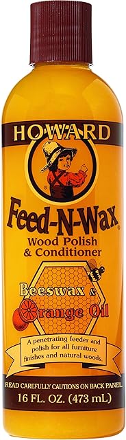 Howard Products Beeswax Wood Polish & Conditioner, Feed-N-Wax for Wood Furniture Polish, 16 oz, Orange