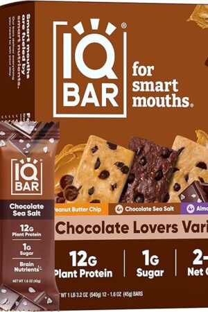 IQBAR Brain and Body Plant Protein Bars - Chocolate Lovers Variety - 12-Count Low Carb - Gluten Free, High Fiber, Vegan Snacks - Low Sugar Meal Replacement