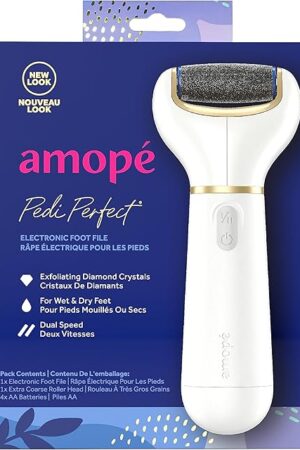 Amop? Pedi Perfect Electric Callus Remover Foot File w/ Diamond Crystals, Pedicure Tool for Feet, Removes Hard & Dead Skin, Feet Scrubber & Buffer, Splashproof, w/ Extra Coarse Roller Head, 1 Count
