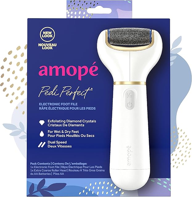 Amop? Pedi Perfect Electric Callus Remover Foot File w/ Diamond Crystals, Pedicure Tool for Feet, Removes Hard & Dead Skin, Feet Scrubber & Buffer, Splashproof, w/ Extra Coarse Roller Head, 1 Count